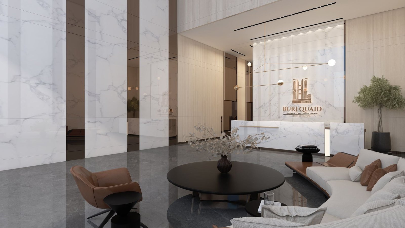 Burj Quaid marble lobby lounge seating area