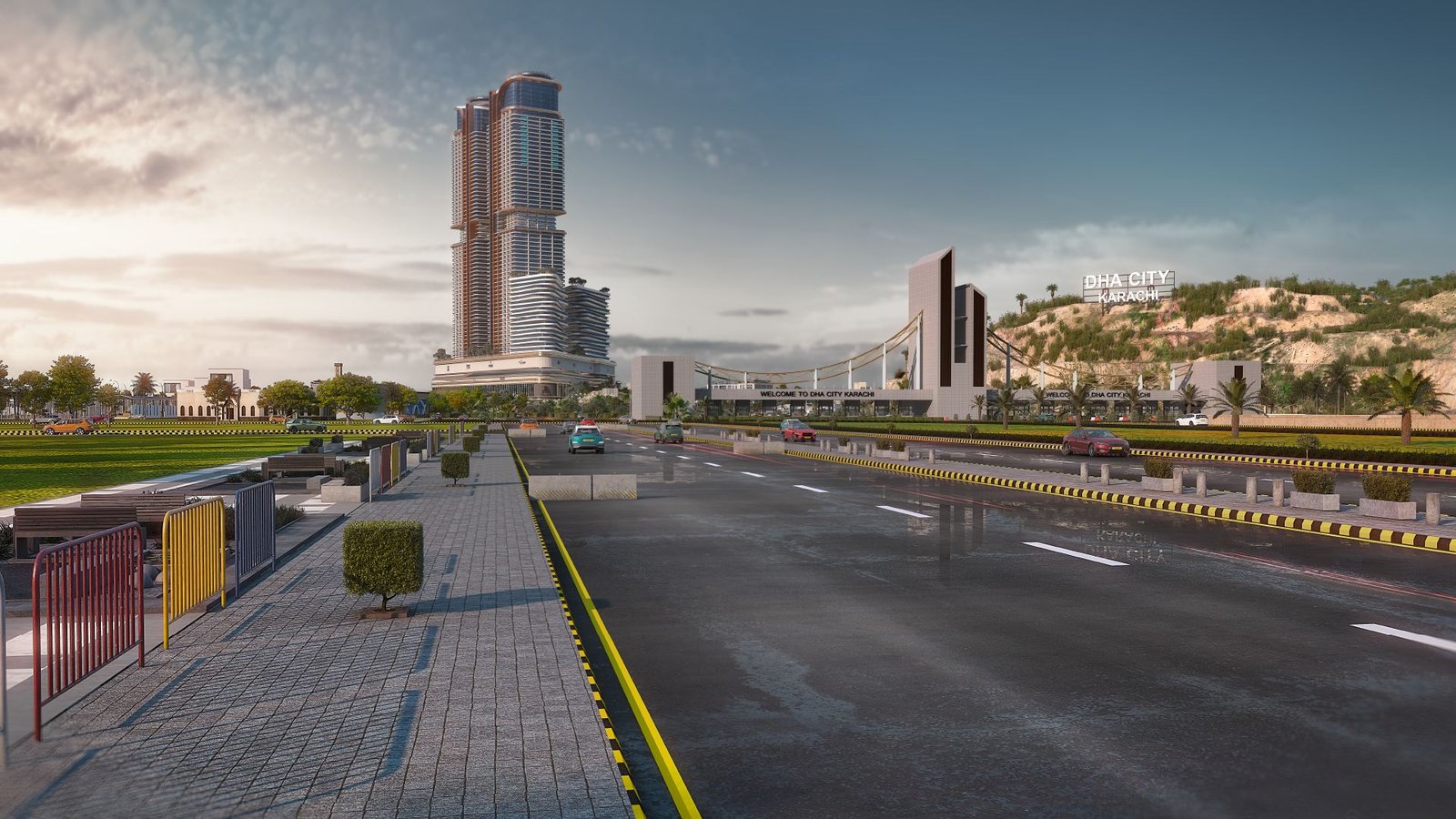 Welcome to DHA City Karachi entrance gate with Burj Quaid visible in the distance