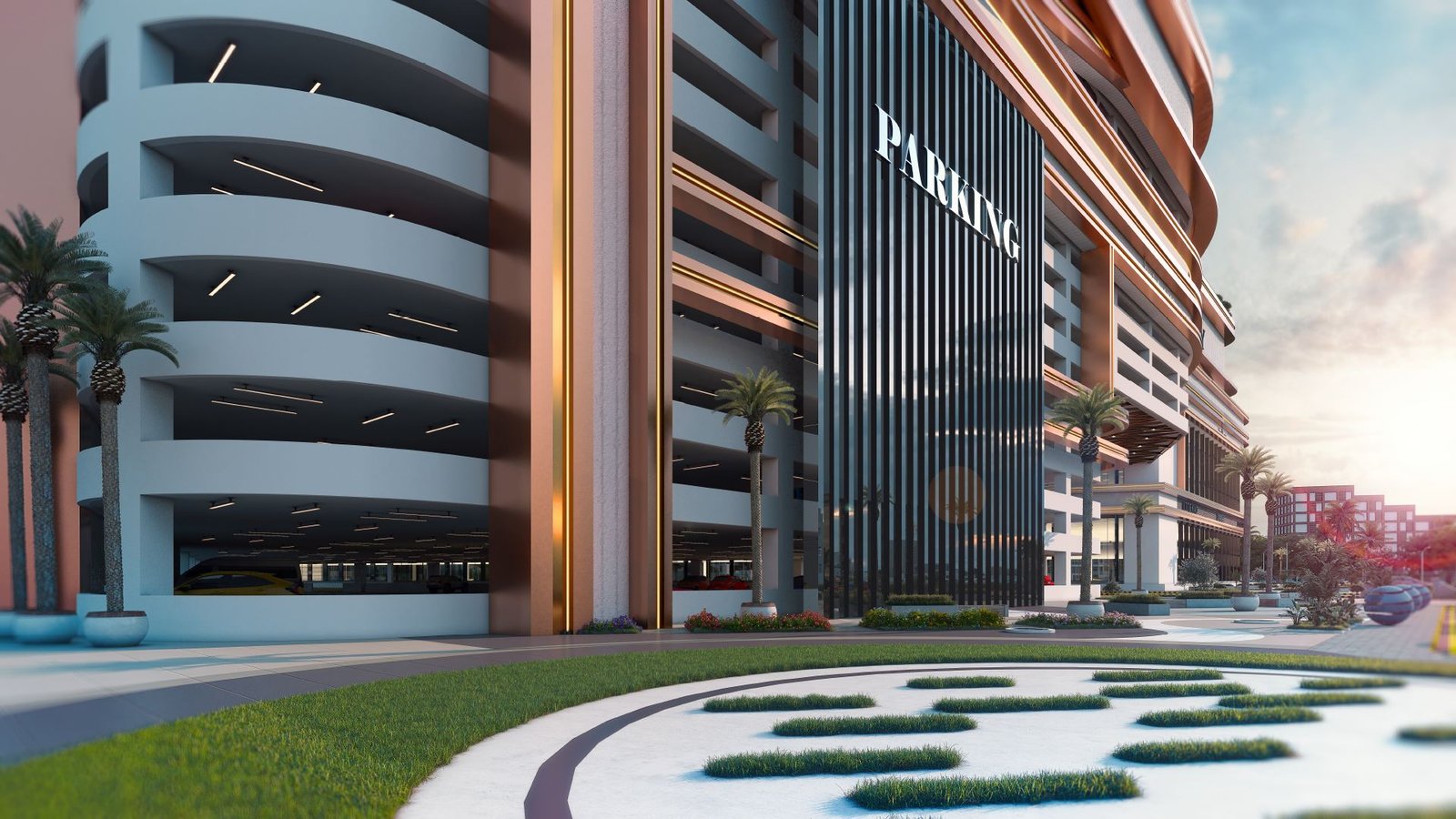 Burj Quaid multi-level parking podium facade with palm-lined entrance