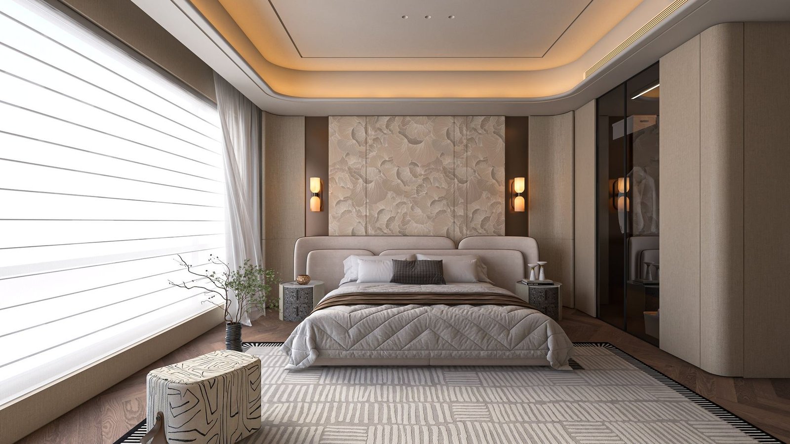 Burj Quaid master bedroom with upholstered headboard