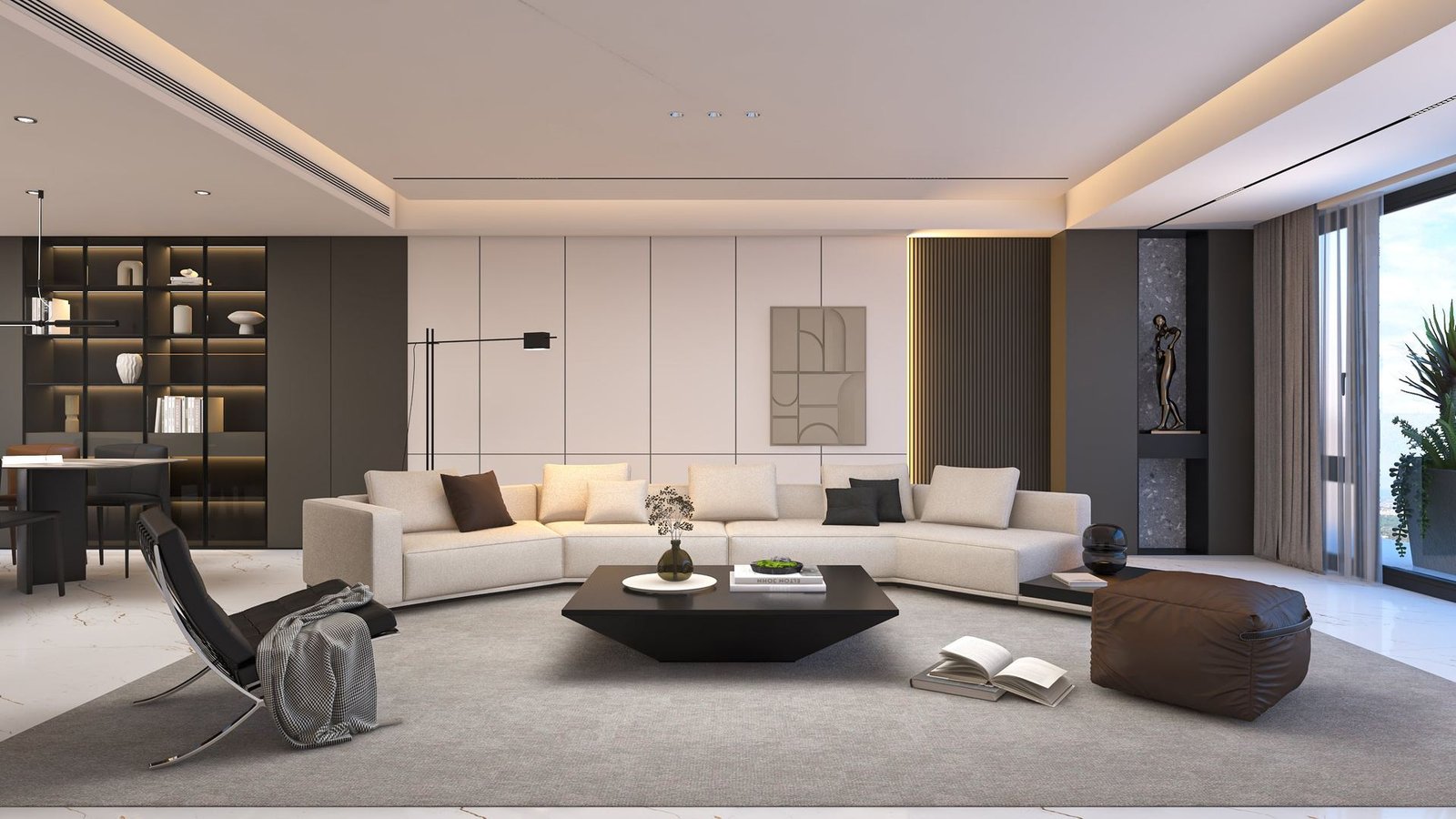 Burj Quaid living room with curved sectional sofa and city view